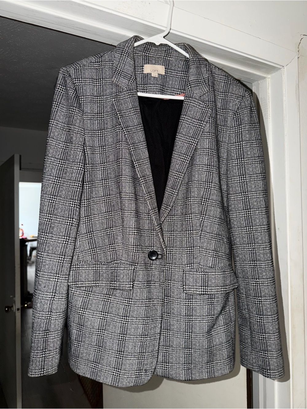 LOFT Black and Gray Plaid Single-Button Blazer
